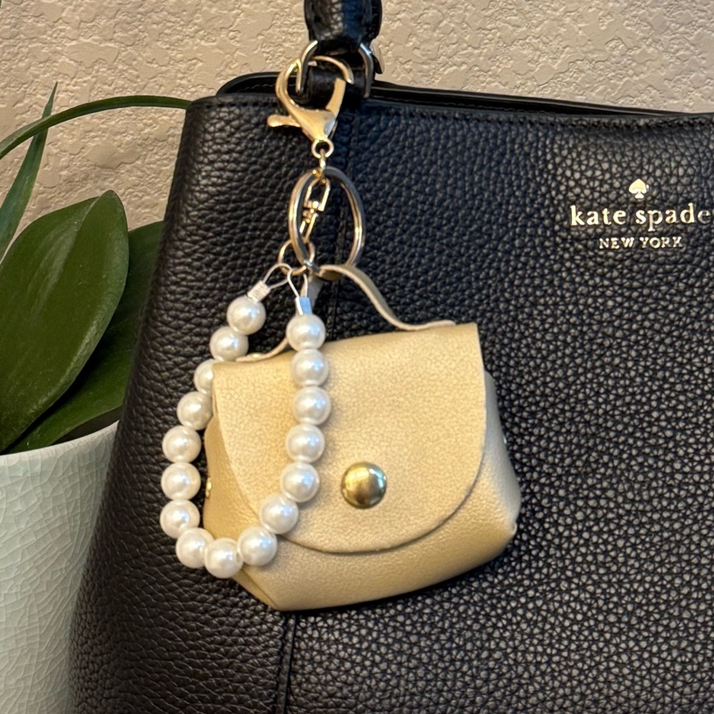 Shimmer Gold Mini Bag with Faux Pearls Purse Charm/Keychain. Makes a great gift!